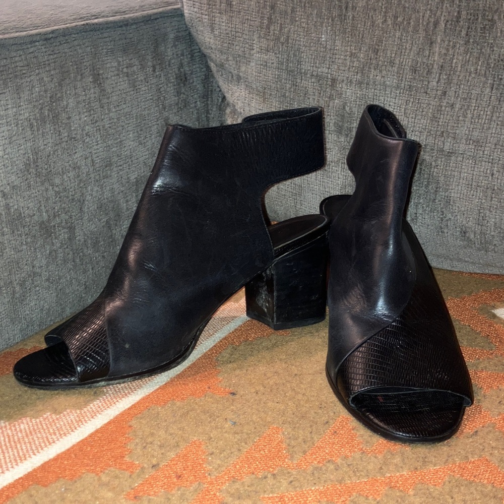 Vince Black Leather Open-Toe Block Heel Booties